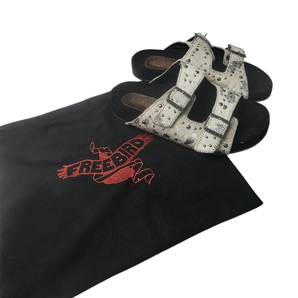 Freebird Asher White Multi Pony Hair Studded Leather Slide Sandals Womens Size 6